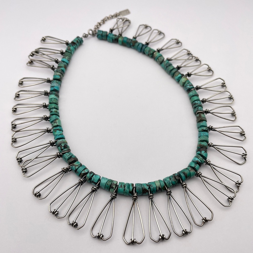 Sterling Silver‎ Bohemian Turquoise Heishi Style Fringe Collar Necklace - Picture 3 of 12